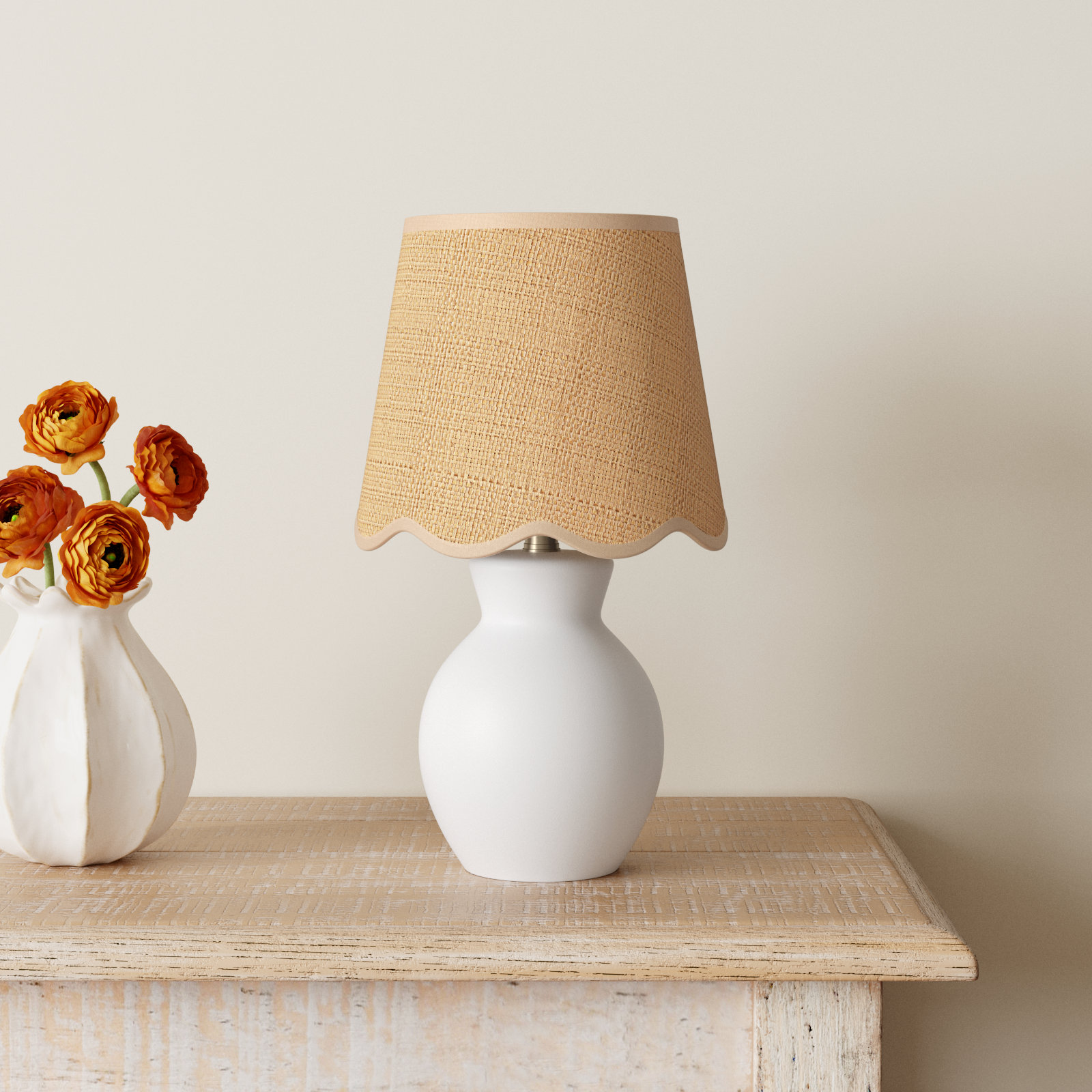 Momsen Scallop Ceramic Table Lamp, White, Natural, 15"H x 8"W x 8"D