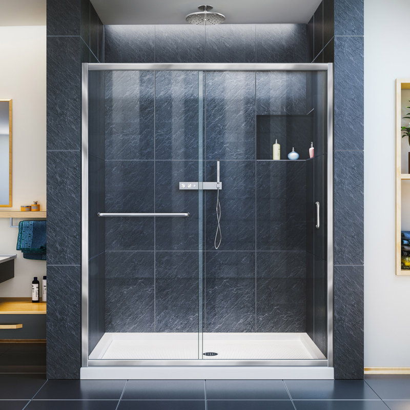 Infinity-Z 74.75" H Framed Sliding Shower Enclosure, Chrome, White