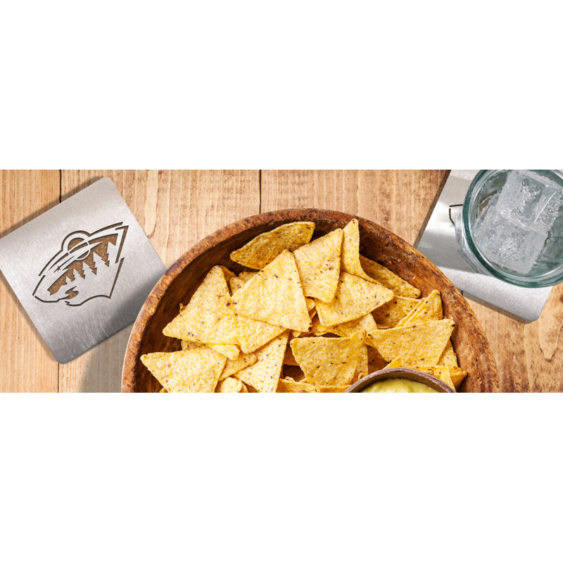 Stainless Steel Square 4 Piece Coaster Set With Holder, Minnesota Wild