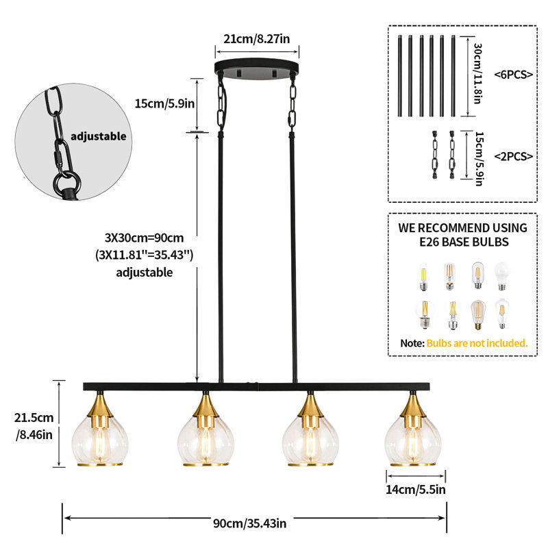 Luminaire suspendu pour îlot de cuisine 4 lumières avec abat-jour en verre, H 50,8 po x l 35,4 po x P 5,5 po, Noir
