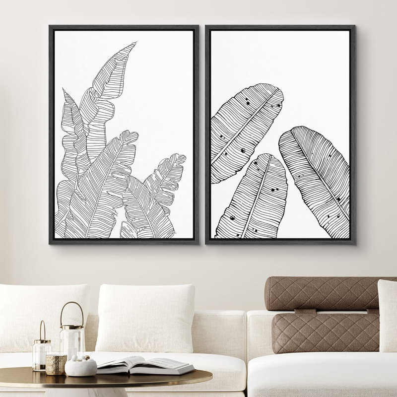Duo de feuilles de jungle foncé, illustrations de plantes florales, art moderne, panoramique, noir et blanc