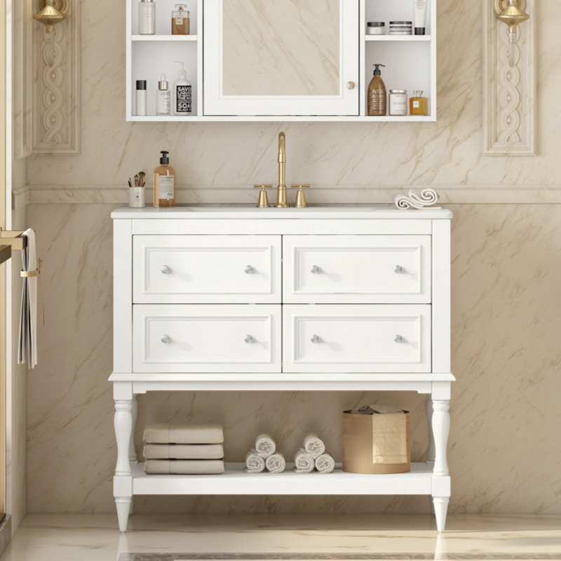 Ensemble de meuble-lavabo 36 po avec ensemble de meuble-lavabo, lavabo en céramique encastré, ensemble de meuble-lavabo autoportant avec 4 tiroirs, armoire de salle de bain avec cadre en bois massif