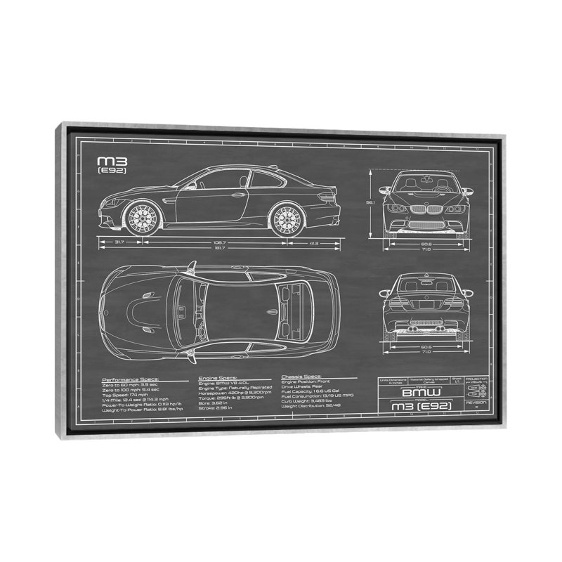 BMW M3 (l) noir-imprimé de dessin, Toile avec cadre argent, Pas de tapis, H 32 po x l 48 po x 1,5 po