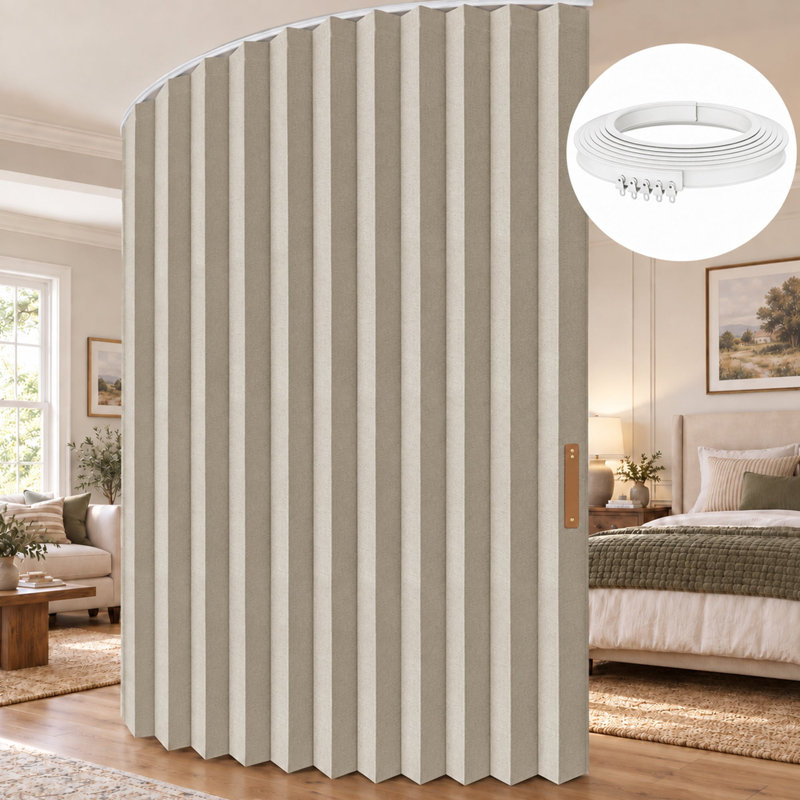 Accordion Folding Room Partition with Ceiling Track - Retractable Room Divider Curtain, Effortless Setup, Ivory