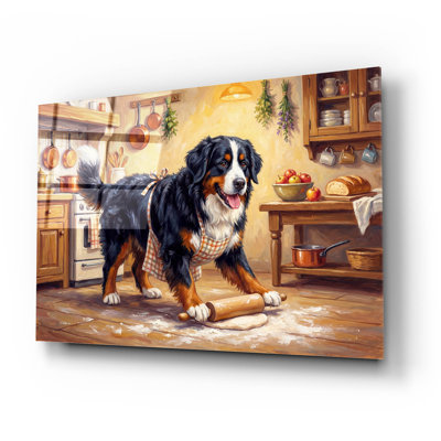 Art mural en verre acrylique 24 po x 16 po «Bernes Mountain Dog In The Kitchen» par Rich Monet