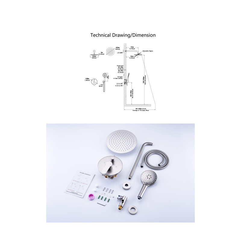 Système de douche complet avec valve brute, Nickel brossé
