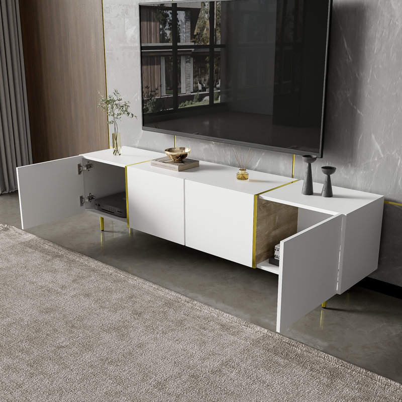 Meuble télé blanc ultrabrillant avec 4 portes, moderne et minimaliste, dans une combinaison de couleur noir-or