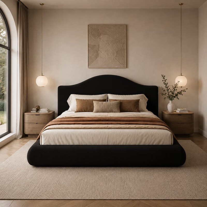 Cadre de lit King Cloud, cadre de lit plateforme moderne en chenille avec tête de lit incurvée à oreilles, coussins épais et moelleux, meuble de chambre bas, noir, sommier non inclus