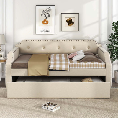 Lit de jour rembourré simple avec lit gigogne escamotable, support en lattes de bois massif et structure rembourrée douce, canapé-lit multi-usages, beige
