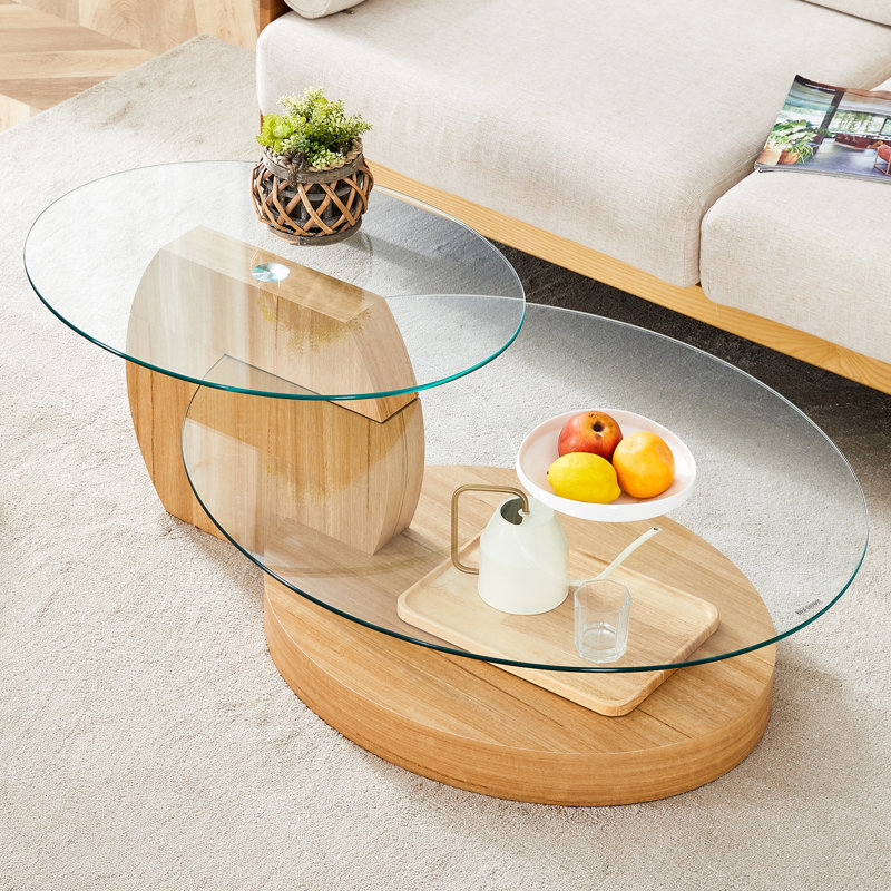 Table basse moderne à double couche de grain de bois clair - Design polyvalent, plusieurs couleurs disponibles. Autocollant de panneau de densité, verre renforcé, comptoir ovale.