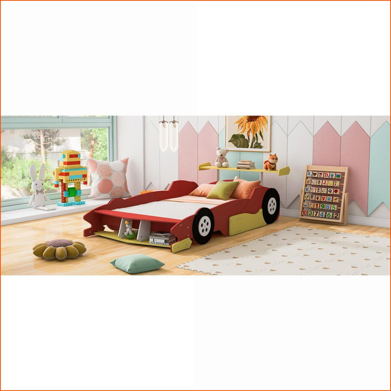 Full Size Plywood MDF Platform Bed Frame - Race Car Design with Wheels, No Box Spring Needed, Red for Bedroom