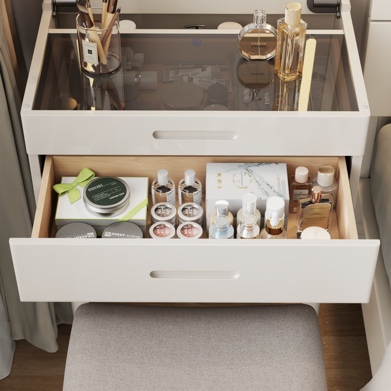 Solid Wood Makeup Vanity, Flip‑Top Lighted Mirror, Glass Tabletop, 3‑Mode Adjustable Brightness, Easy Assembly, White