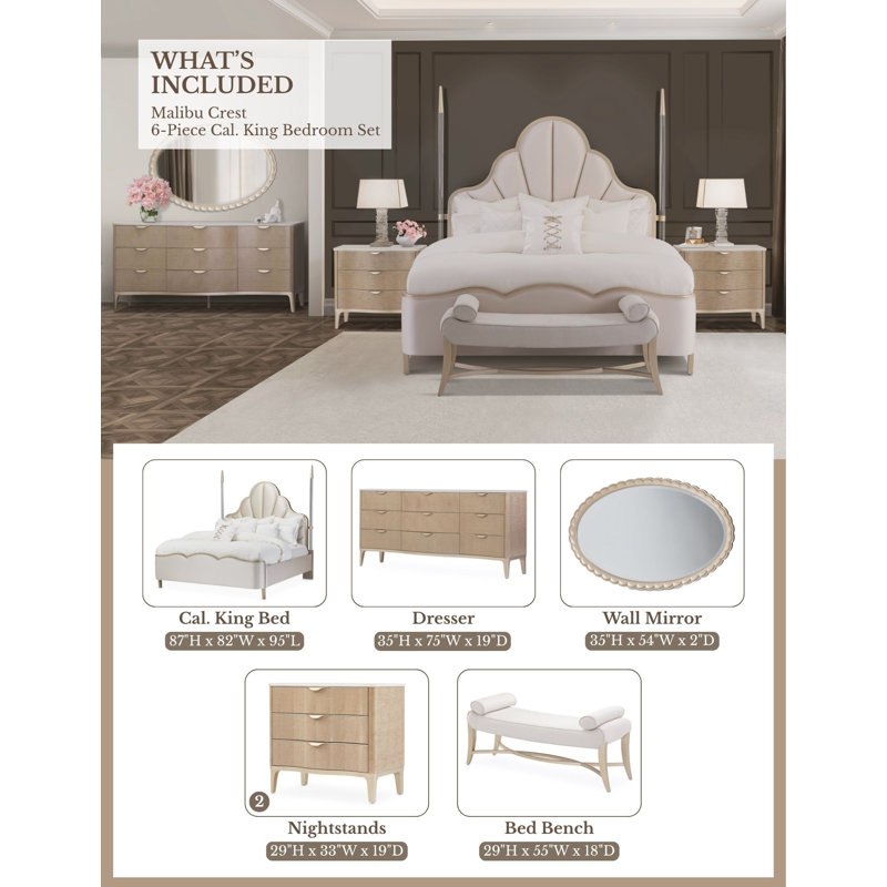 Malibu Crest Upholstered Standard 6 Piece Bedroom Set, California King