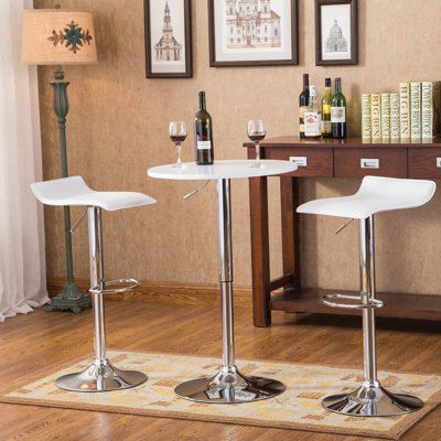 Adjustable Height Wood And Chrome Metal Bar Table And 2 Chrome Air Lift Adjustable Swivel Stools Set