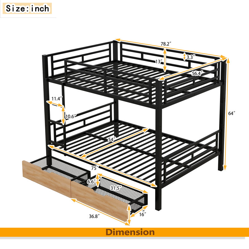 Metal Full Size Convertible Bunk Bed With 2 Drawers