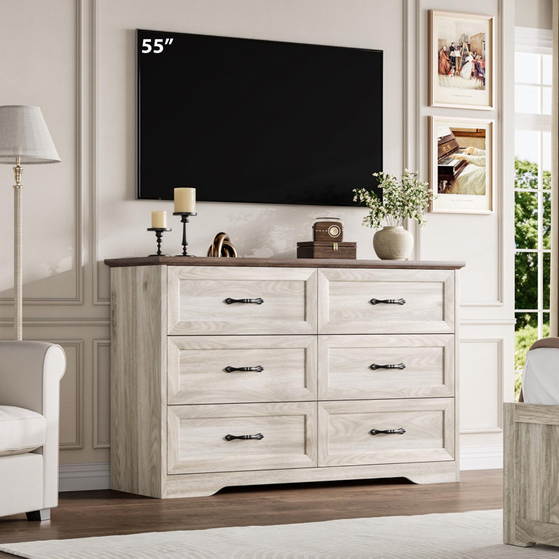 Farmhouse 6-Drawer Dresser, 47.2" Wide Wood Chest of Drawers for Bedroom