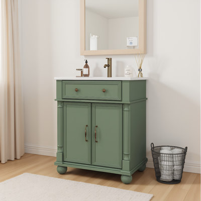 Armoire de meuble-lavabo haut de gamme 28 po avec cadre en bois massif, poignées en métal et lavabo à colonne romaine