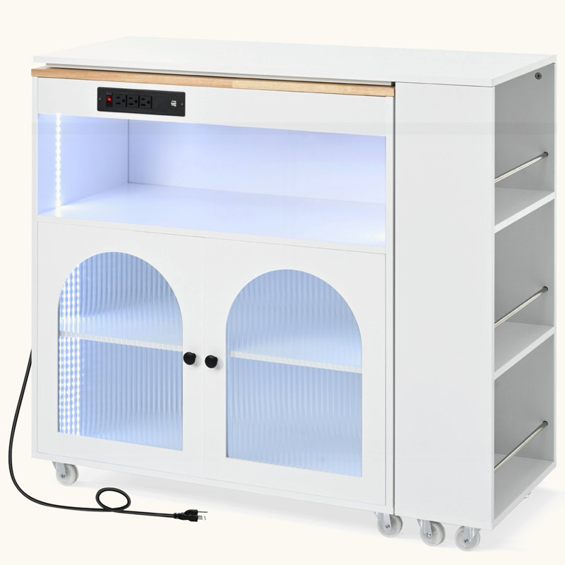 Rolling Kitchen Island With Extended Table, White
