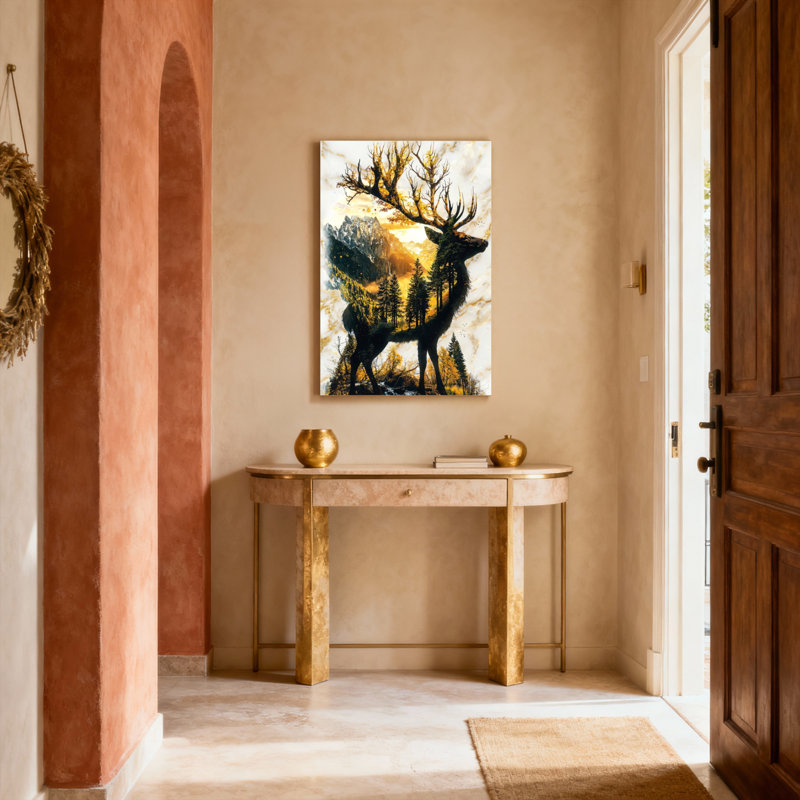 Ensemble de 1 tableau sur toile tendue représentant un paysage de cerfs et de montagnes, H 24 po x l 16 po
