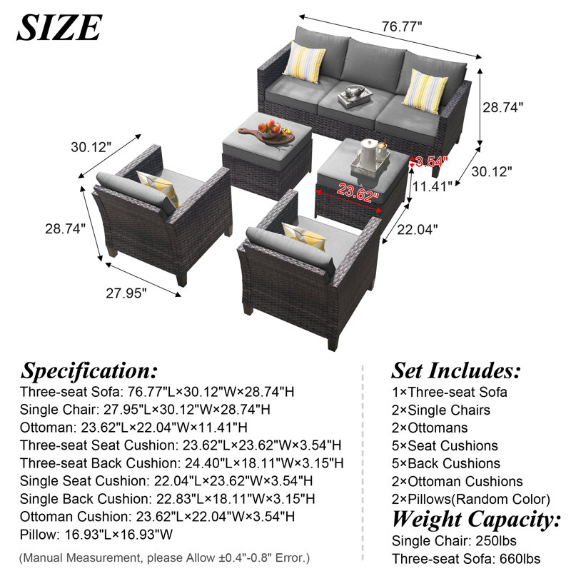 GRST Wicker 7 - Person Patio Conversation Set with Cushions, Dark Gray