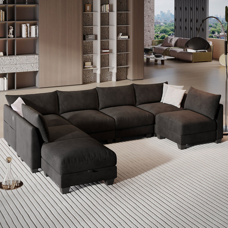 Amold 124'' 6-Seater Sectional Sofa, U-shaped Modular Sofa Cloud Couch, Comfortable Living Room Sofa With Ottoman Storage