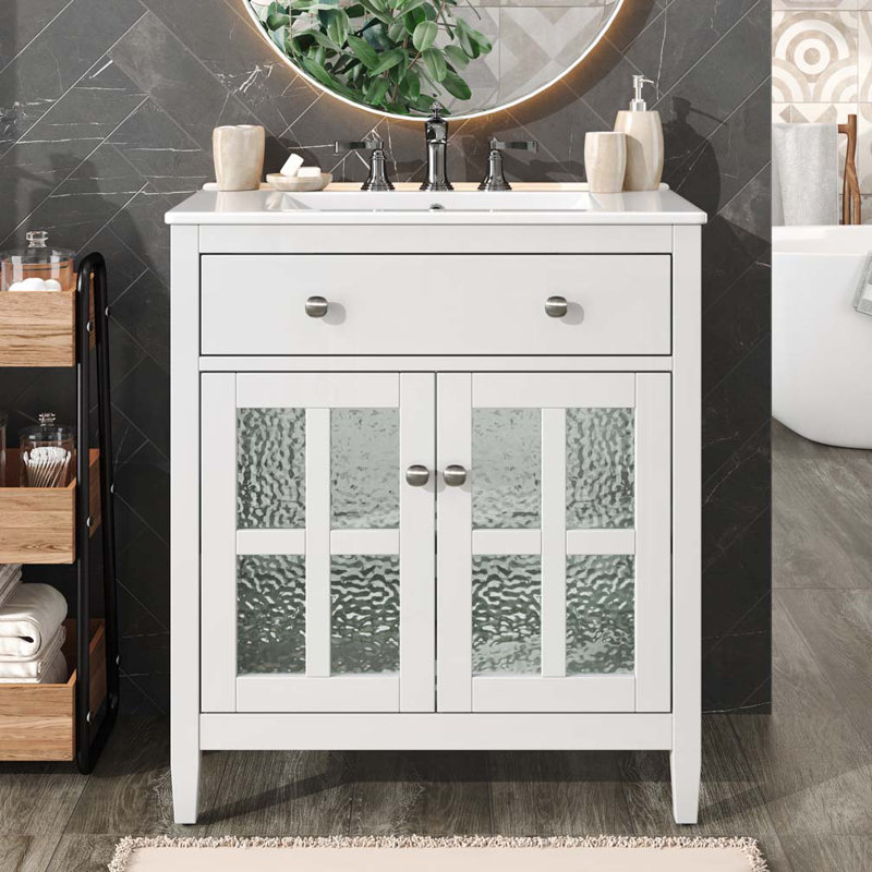 Bathroom Vanity with Ceramic Sink,Equipped with Adjustable Shelf and Tip-Out Tray, White
