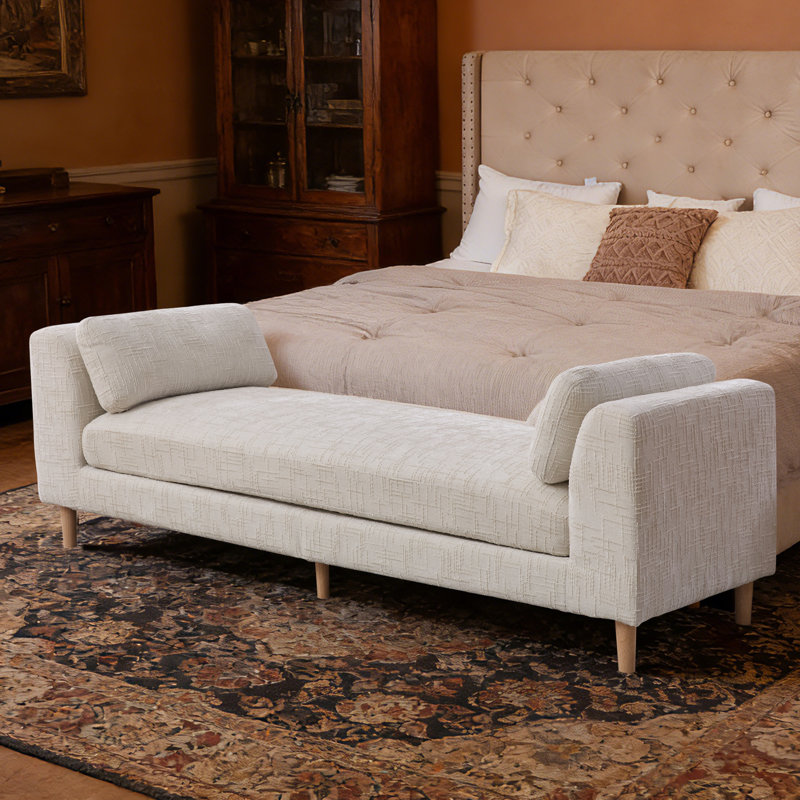Light Brown Chenille Modern Bench with Two Cushions Included with Sturdy Wooden Legs, Beige