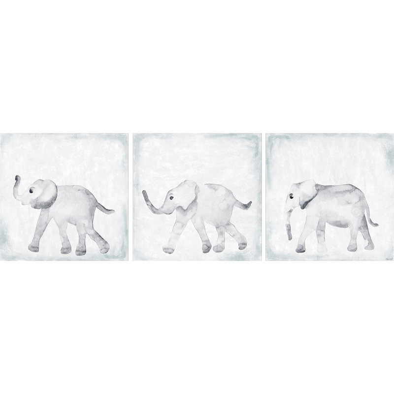 Baby Elephant Steps Triptych - 3 Piece No Frame Painting Set on Canvas, 41cm H x 123cm W x 2cm D