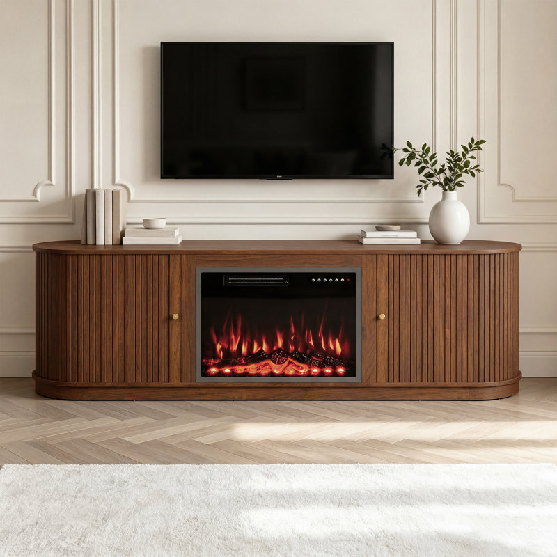 Meuble télé avec foyer Mid-Century, Noyer