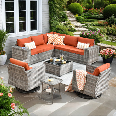 Ensemble de conversation modulaire en osier / rotin pour 7 personnes avec chaises pivotantes Baili, ensemble de conversation modulaire moderne avec coussins