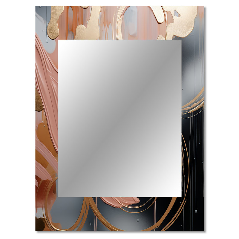 Abstract Pink And Gold Liquid Ink Circles II - Modern Rectangular Wall Mirror, 40" x 30"