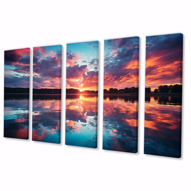 «Horizon Sunset By The Lake III - Lake», ensemble de 5 pièces d'art mural, H 32 po x l 80 po