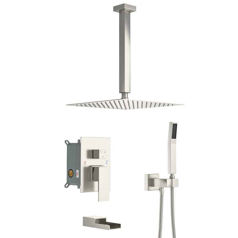 12 Inch Ceiling Mounted Shower System Shower Combo Set Shower Head with Hand Shower and Tub Spout, Brushed Nickel