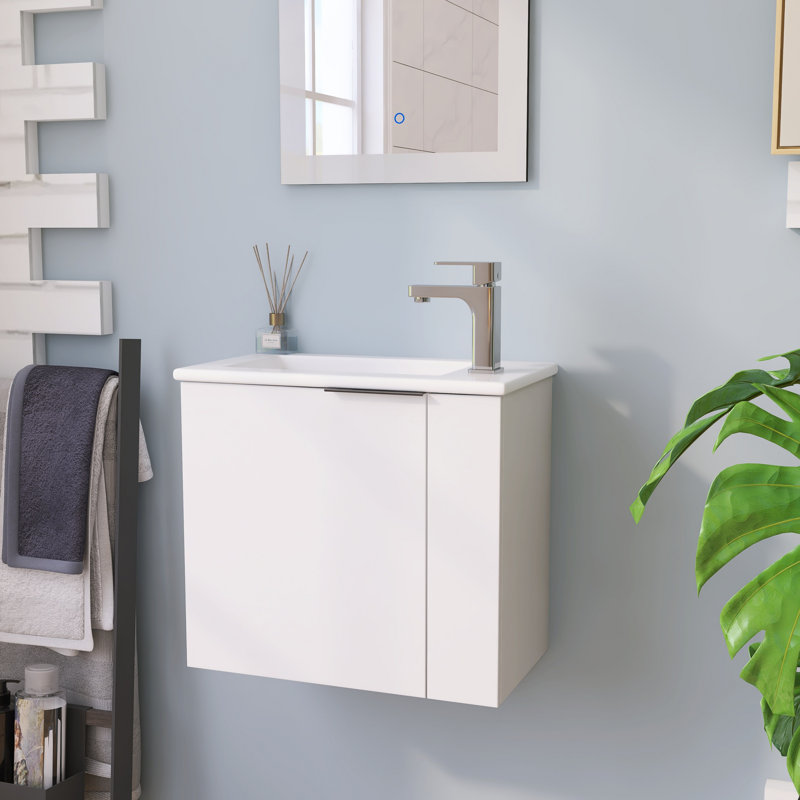 22" Wall-Mounted Single Bathroom Vanity With Ceramic Basin Sink Top, Floating Vanity with 1 Door, White