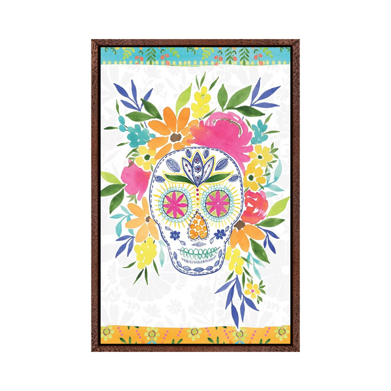 Dia de Los Muertos White 1 Piece Wall Art on Canvas, 101.6cm H x 66.04cm W x 3.81cm D, Classic Brown Wood Floater Framed