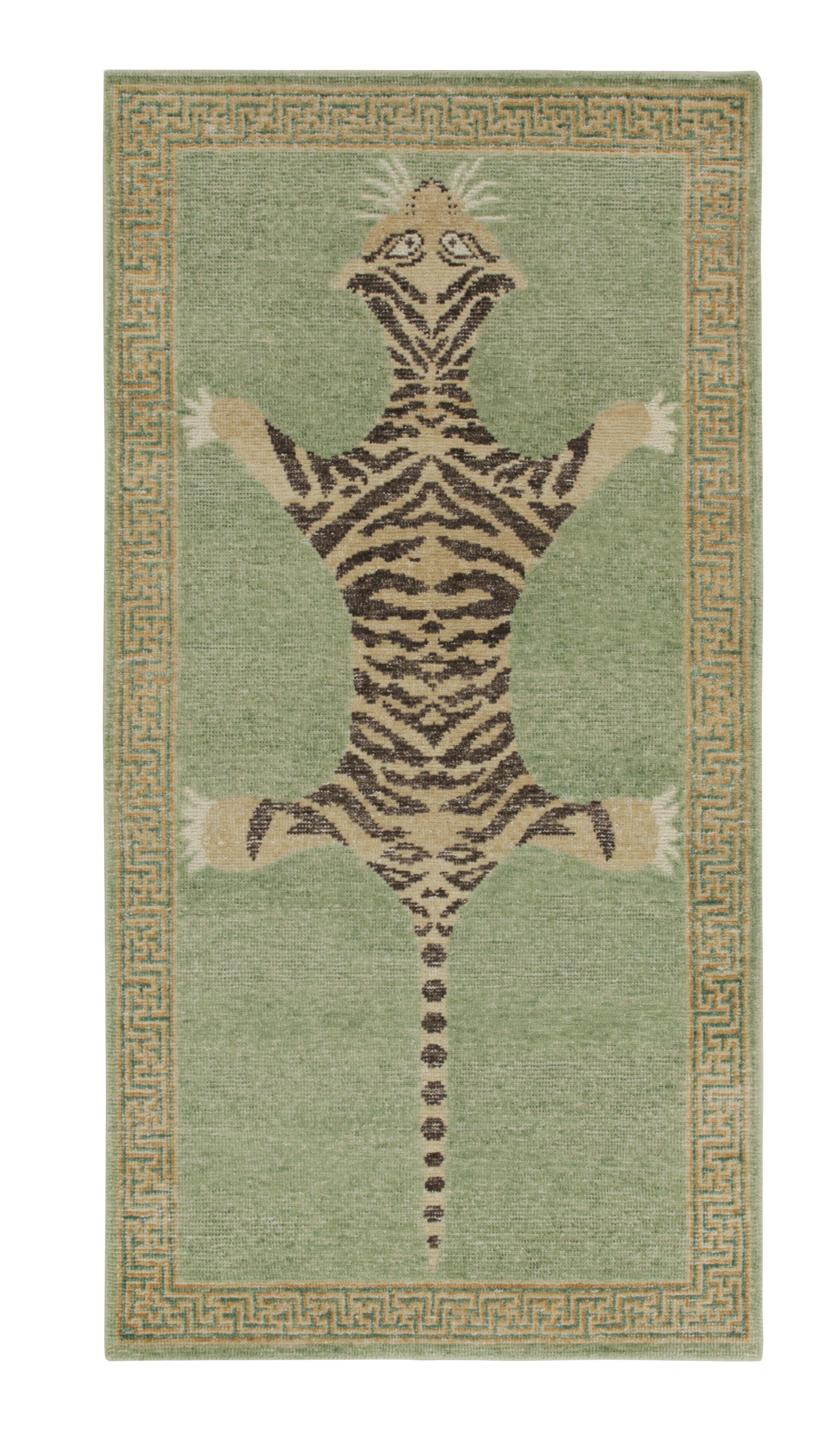 Rug & Kilim’S Distressed Tiger Runner In Green, Beige & Black Pictorial ...
