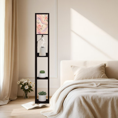 Lampe sur pied DEL à intensité variable, motif délicat de roses roses et de vagues pastel, accents dorés, structure en MDF, télécommande, 3 couleurs d'éclairage, idéal pour le salon ou la chambre.