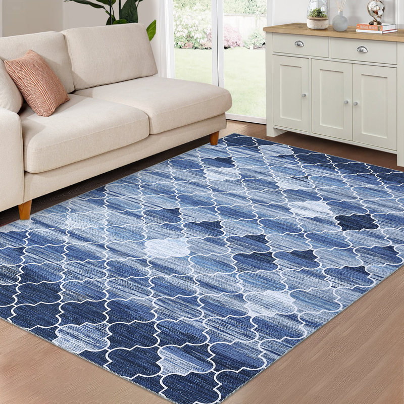 Tapis bleu en polyester tissé à la machine Pantilie, Rectangle 4 pi x 6 pi