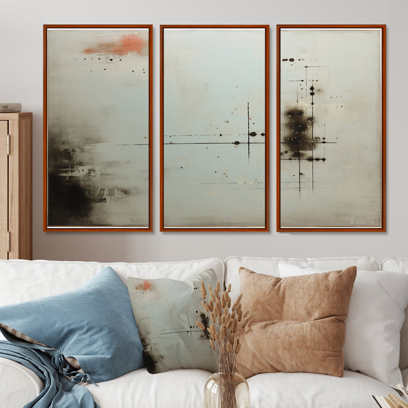 Conundrum Minimal Grey Black - Abstract Art, Cadre flottant brun, H 32 po x l 48 po x P 1 po