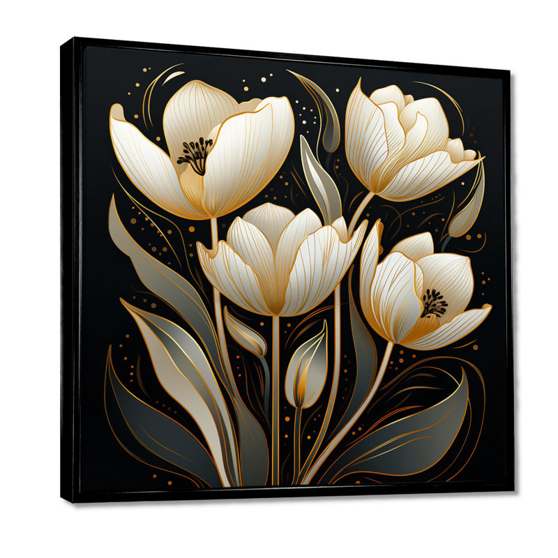 «White Glam Tulip», art mural noir, Toile avec cadre flottant noir, H 16 po x l 16 po x P 1 po