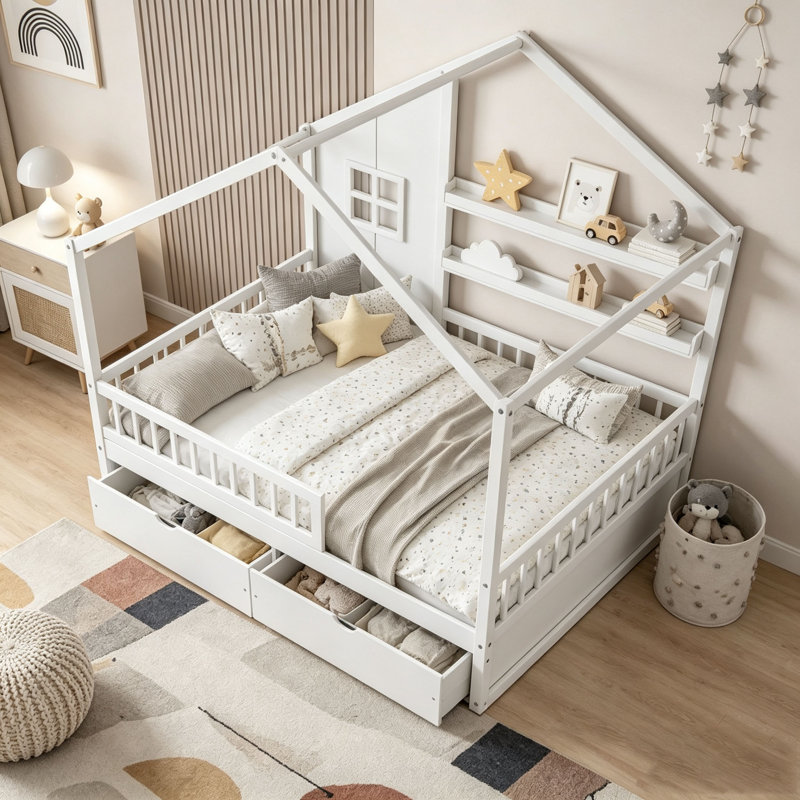 Lit simple avec rideaux, tiroirs de rangement et garde-corps Kids, Lit simple, Blanc