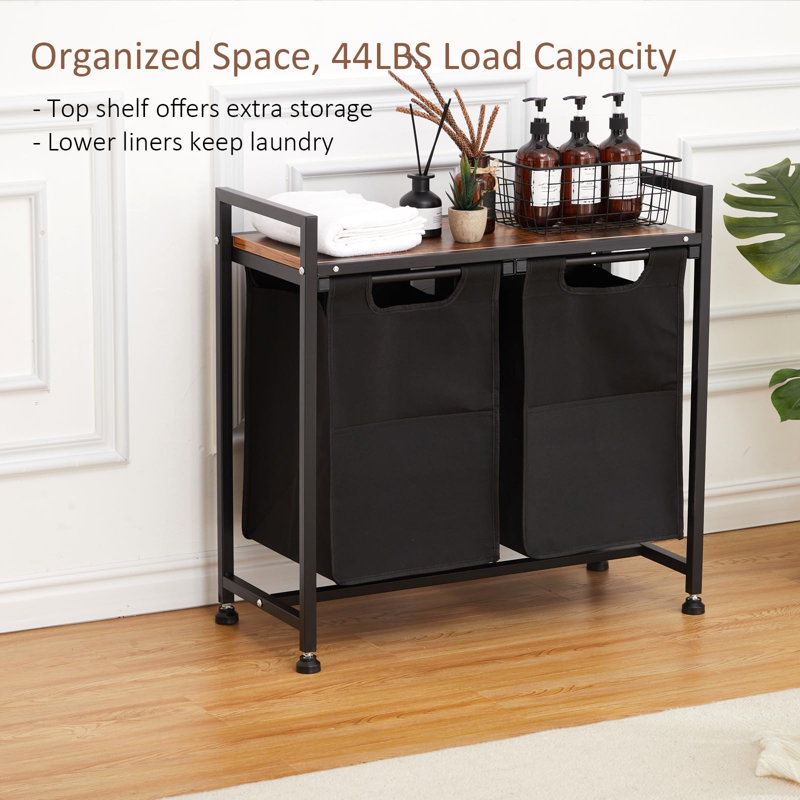 28 inch Black 2 Removable Pull-Out Oxford Fabric Baskets Large Capacity Laundry Hamper Organizer with Adjustable Shelf