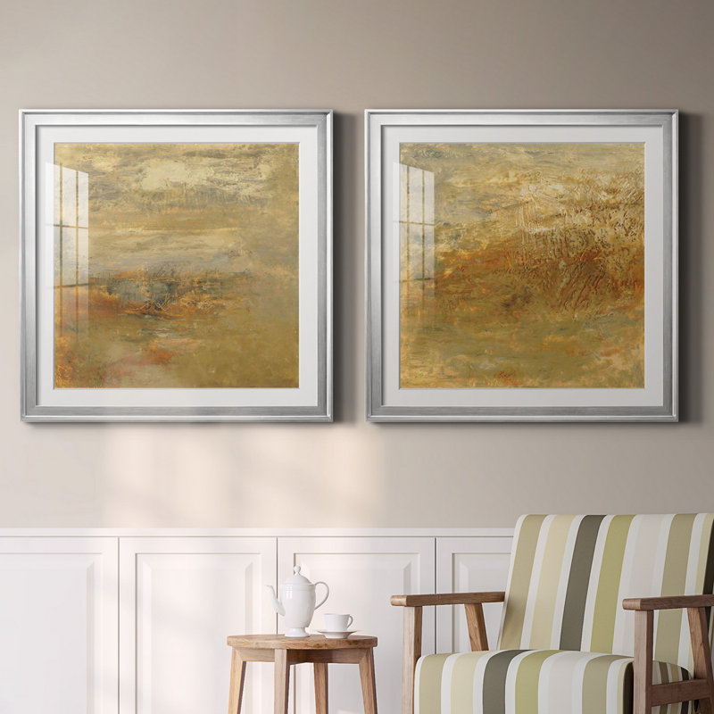 Ensemble de 2 cadres photo Encaustic Tile In Orange I, H 30,5 po x l 61 po x P 1,5 po, Papier avec cadre argenté, Blanc