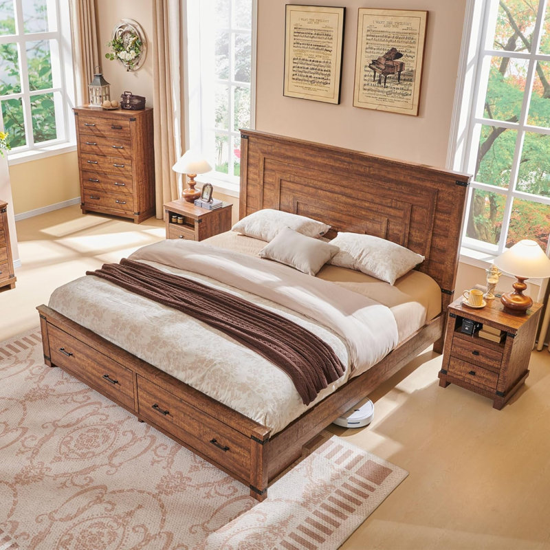Dantwan Farmhouse Platform Bed Frame With 54"W Tall Geometric Headboard & Large Storage Space, King