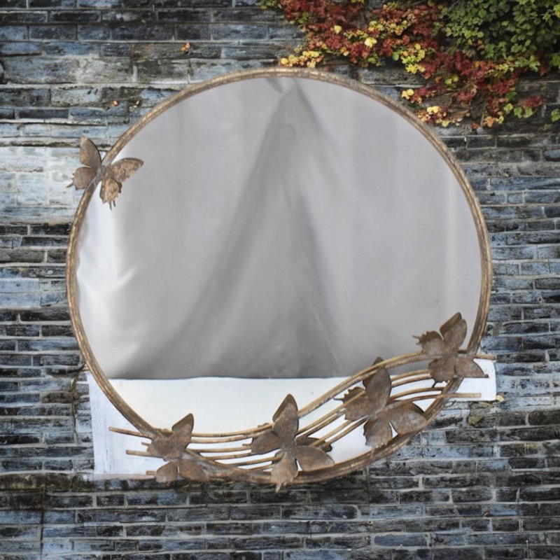 Metal Butterfly Gold Round Wall Mirror | Decorative Stylish Mirror with Butterfly Accents for Bedroom and Living Room