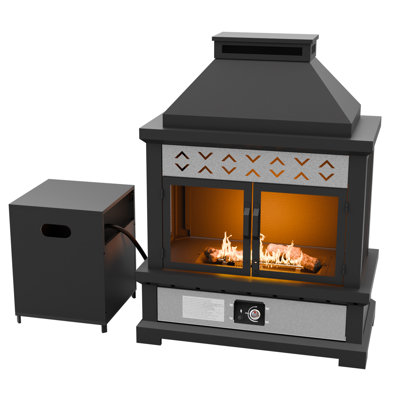 Outdoor Propane Gas Fireplace with Tank Table, 50000 BTU Steel Fire Pit, PVC Cover & Ceramic Logs
