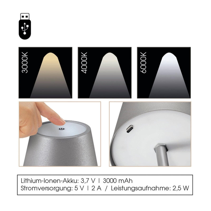 "Sole" LED Table Lamp, white,  13.75" x 4.25" dia., Gray