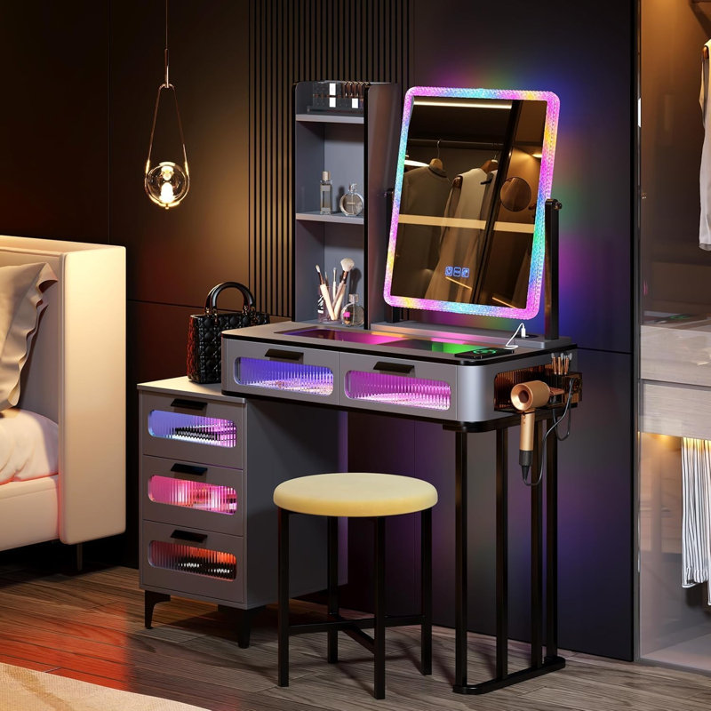 Dressing Table with Human Sensor RGB Lights, Tempered Glass Top, and Quick-Charging Station, Grey/Black