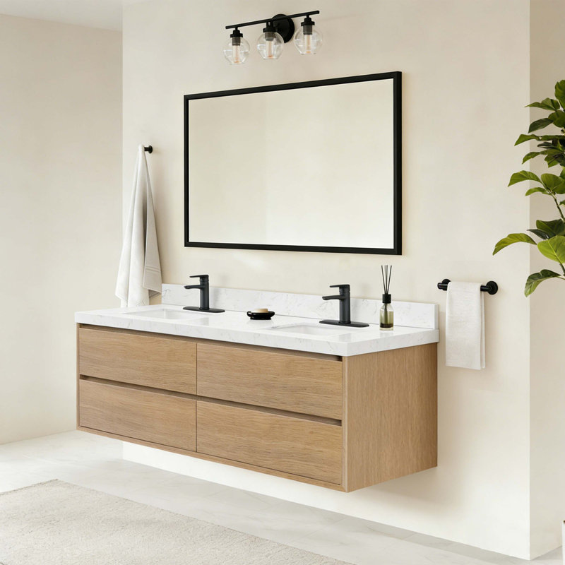 Meuble-lavabo mural 72 po avec armoires et tiroirs flottants modernes, pierre d'ingénierie avec évier, chêne naturel, 72"