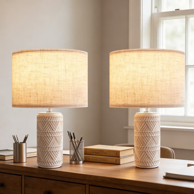 Set Of 2 Ceramic Table Lamps With Linen Shades, Modern Farmhouse Bedside Lamps For Living Room, Bedroom, Nightstand, Desk, And Home Office Decor